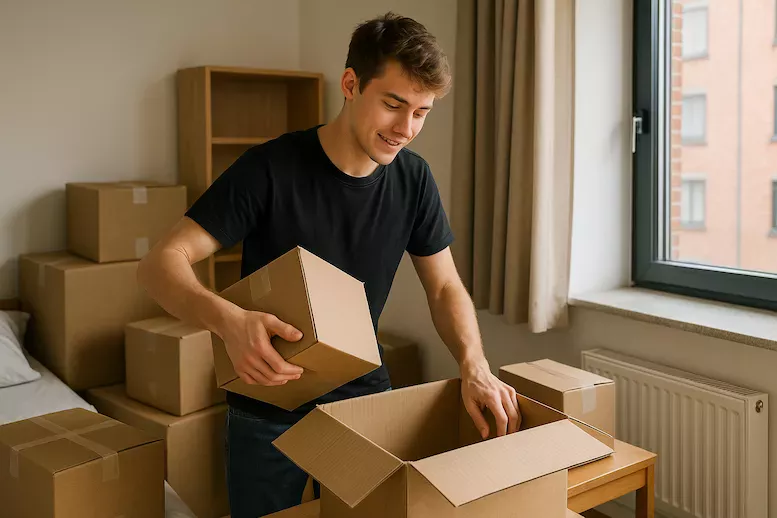 student som packar flyttlådor inför flytt till studentbostad